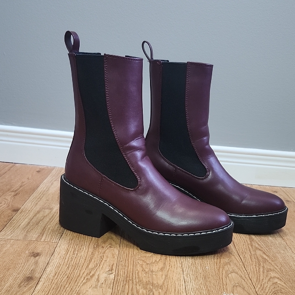 NINE WEST Doleas burgundy faux leather chunky chelsea boots - Picture 3 of 11